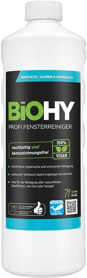 BiOHY Profi Fensterreiniger (1l Flasche) | Glasreiniger Konzentrat | für Fenstersauger geeignet | streifenfreie Reinigung von Glas-, Fenster- & Spiegelflächen | ideal für Haushalt & Auto