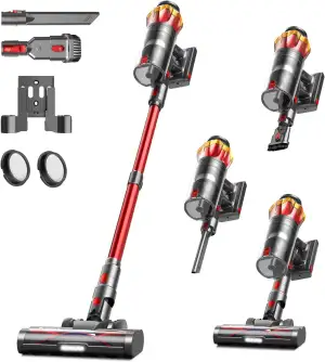 Akku Staubsauger 45000Pa/550W/65Min, 1,6L Staubsauger Kabellos mit Display, Anti-Tangle-Bürste, Selbststehend, Wandladestation, 8-Schicht-Filtration, Ultraleise, für Tierhaare/Teppiche/Hartböden/Auto