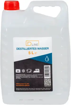 D.LINE Destilliertes Wasser 5 Liter, Entmineralisiert nach Vorschrift VDE 0510 u