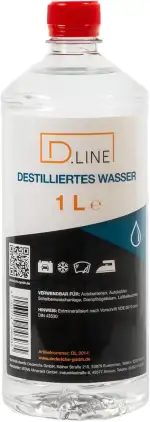 D.LINE Destilliertes Wasser 1 Liter, Entmineralisiert nach Vorschrift VDE 0510 und DIN 43530 (1x ...
