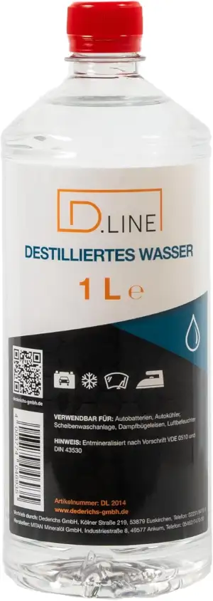 D.LINE Destilliertes Wasser 1 Liter, Entmineralisiert nach Vorschrift VDE 0510 u
