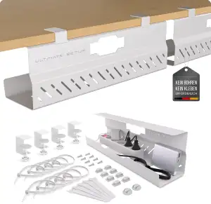 Premium Kabelkanal Schreibtisch – Ideales Schreibtisch Kabelmanagement, Kabelwanne, Tisch Kabelführung - Kabel Organizer – Kabelhalter Schreibtisch (Weiß, 2er Set)