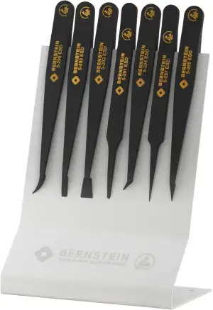 BERNSTEIN ESD Pinzetten Set 7-teilig - Antistatischer Kunststoff, Präzisionspinzette für Elektronik & Labor Anwendungen mit Halter, Spitze Pinzette