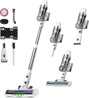 ElecKeys Akku Staubsauger 48000Pa/580W/65Min, Staubsauger Kabellos mit LED Display, Anti-Tangle-Bürste, Selbststehend, 7-Schicht-Filtration, Akkustaubsauger für Hartböden Teppiche Tierhaare, Weiß