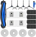 Ersatzteile für Ecovacs Deebot T50 Pro Omni/T50 Pro/T50 Omni Roboterstaubsauger-Zubehörset: 1 Hauptbürste, 4 Staubbeutel, 4 Filter, 4 Seitenbürsten, 4 Wischpads und 1 Reinigungswerkzeug – 18er-Pack