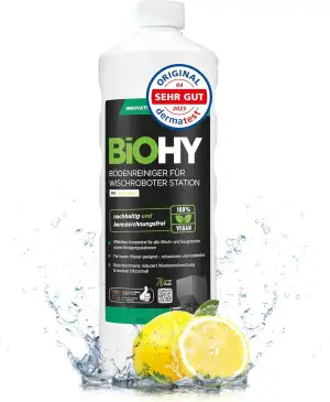 BiOHY Bodenreiniger für Wischroboter Station mit Frischeduft (1l Flasche) | Reinigungsmittel Konzentrat für alle Wisch & Saugroboter mit Nass-Funktion | Schaumarm & Streifenfrei | Für alle Böden
