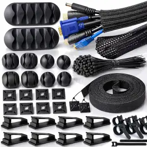 MiuCo Kabelmanagement Set mit 2m Kabelschlauch, Kabelkanal für Schreibtisch und Kabel Organizer, Büro Selbstklebend Kabelhalter, Kabelklemmen & Kabelclips - Schwarz Kabelführung Büro Zubehör