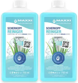 Maxxi Clean | 2x 750 ml Nachfüllflüssigkeit Scherkopfreiniger für Reinigungskartusche | Rasierer Reinigungsflüssigkeit kompatibel mit Braun Reinigungsstation | Reinigungsspray mit Aloe Vera Duft